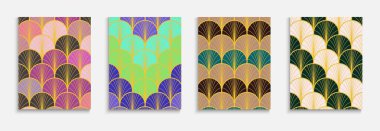 Japon Altın Pervane Kapak Seti. Asya Retro Dizini Ayarlandı. Basit Dinamik Boho Kumaş Özgeçmişi. Geometrik çizgili kapak. Bohem Kimono deseni. Parlak Renk Vintage A4 Tasarımı.
