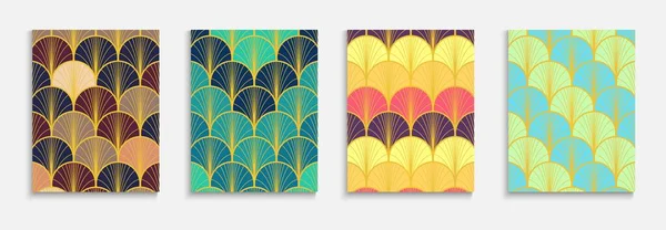 Abanico Oro Japonés Funky Cover Set Plantilla Rayas Kimono Fondo — Vector de stock