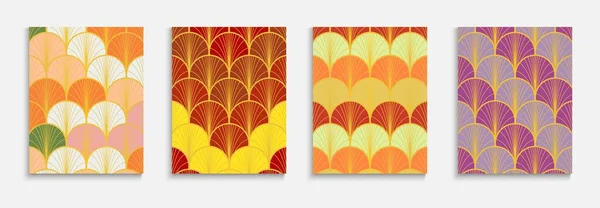 Çin Altın Hayran Müzik Seti. Kimono Çizgili Düzen. Parlak Renk Retro A4 deseni. Zengin VIP Geometrik Tasarımı. Moda Dinamik Yumuşak Tekstil Arkaplanı. Japonca Antik Poster Seti.