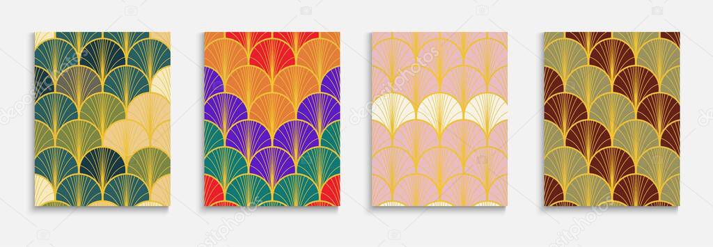 Chinese Gold Fan Minimal Cover Set. Bright Color Ethnic A4 Pattern. Halftone Stripes Template. Trendy Dynamic Deco Textile Backgroud. Bohemian Geometric Design. Japanese Vintage Poster Set.
