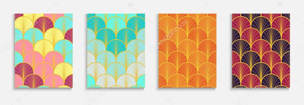 Chinese Gold Fan Funky Cover Set. Geometric Stripes Poster. Luxurious Halftone Pattern. Bright Color Ethnic A4 Design. Asian Vintage Template Set. Simple Dynamic Hipster Textile Backgroud.