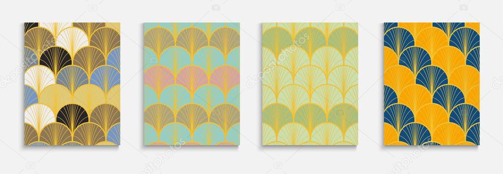 Asian Gold Fan Funky Cover Set. Minimal Dynamic Edgy Fabric Backgroud. Halftone Stripes Poster. Bright Color Retro A4 Print. Chinese Ethnic Layout Set. Bohemian Kimono Texture.