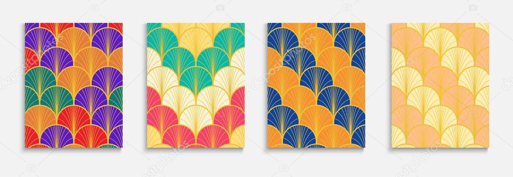 Asian Golden Fan Funky Cover Set. Japanese Vintage Folder Set. Kimono Stripes Cover. Bright Color Ethnic A4 Frame. Simple Dynamic Cool Textile Backgroud. Elegant Geometric Print.