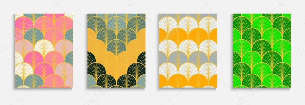 Chinese Gold Fan Music Cover Set. Bright Color Ethnic A4 Print. Japanese Retro Layout Set. Elegant Geometric Design. Minimal Dynamic Glam Fabric Backgroud. Halftone Stripes Poster.