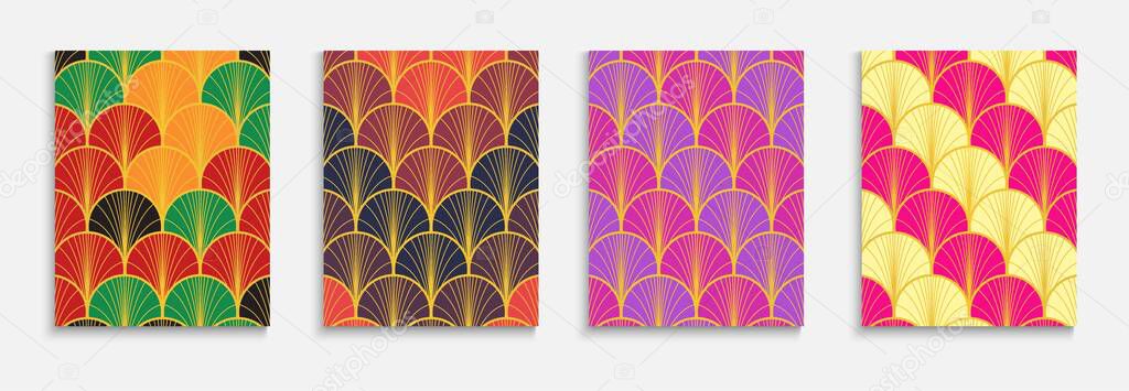 Asian Golden Fan Trendy Cover Set. Minimal Dynamic Glam Fabric Backgroud. Luxurious Kimono Texture. Chinese Vintage Poster Set. Geometric Stripes Template. Bright Color Ancient A4 Pattern.