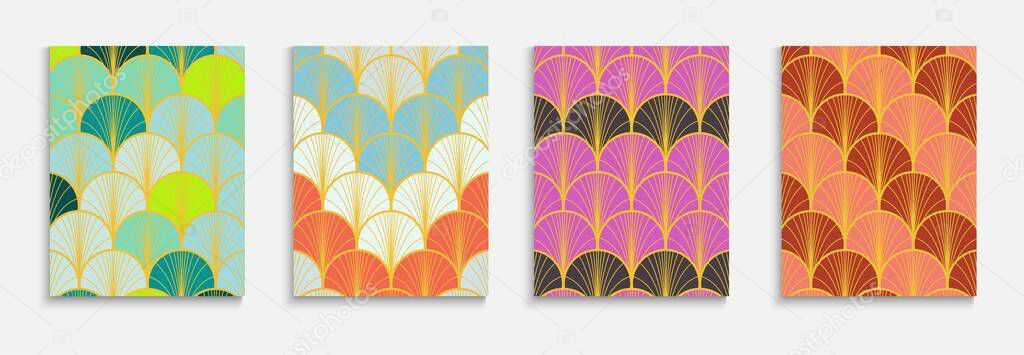 Asian Golden Fan Simple Cover Set. Bright Color Ancient A4 Texture. Japanese Vintage Folder Set. Bohemian Kimono Pattern. Trendy Dynamic Soft Textile Backgroud. Geometric Stripes Cover.
