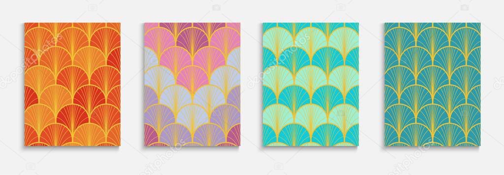 Japanese Golden Fan Music Cover Set. Kimono Stripes Template. Asian Ancient Cover Set. Minimal Dynamic Geo Textile Backgroud. Bright Color Retro A4 Pattern. Traditional Geometric Frame.