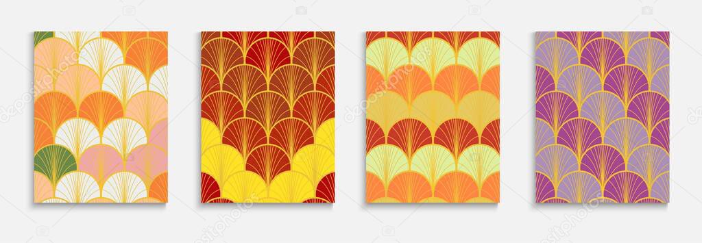Chinese Gold Fan Music Cover Set. Kimono Stripes Layout. Bright Color Retro A4 Texture. Rich VIP Geometric Design. Trendy Dynamic Soft Textile Backgroud. Japanese Ancient Poster Set.