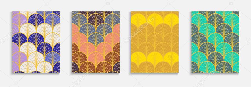 Chinese Golden Fan Music Cover Set. Bright Color Retro A4 Print. Trendy Dynamic Noble Fabric Backgroud. Premium Halftone Texture. Geometric Stripes Poster. Asian Vintage Template Set.