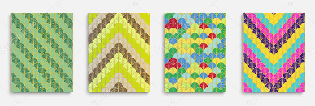 Chinese Gold Fan Funky Cover Set. Bright Color Retro A4 Design. Asian Ancient Layout Set. Elegant Geometric Pattern. Halftone Stripes Template. Trendy Dynamic Cool Textile Backgroud.