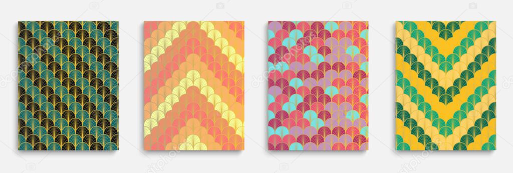 Japanese Golden Fan Minimal Cover Set. Halftone Stripes Template. Funky Dynamic Boho Textile Backgroud. Bohemian Kimono Frame. Chinese Retro Layout Set. Bright Color Ethnic A4 Pattern.