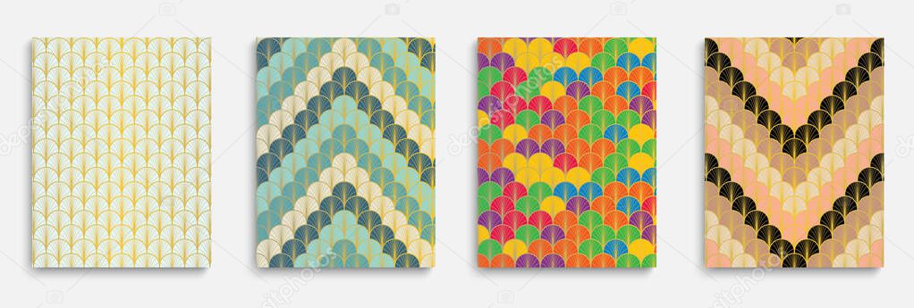 Chinese Gold Fan Trendy Cover Set. Halftone Stripes Folder. Luxurious Kimono Design. Asian Vintage Poster Set. Bright Color Retro A4 Print. Simple Dynamic Boho Fabric Backgroud.