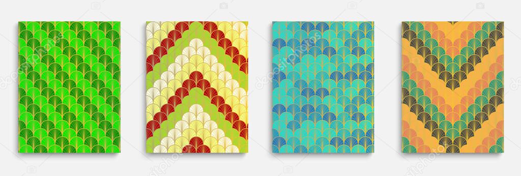 Asian Gold Fan Minimal Cover Set. Simple Dynamic Hipster Fabric Backgroud. Chinese Retro Template Set. Halftone Stripes Poster. Bohemian Kimono Design. Bright Color Vintage A4 Pattern.