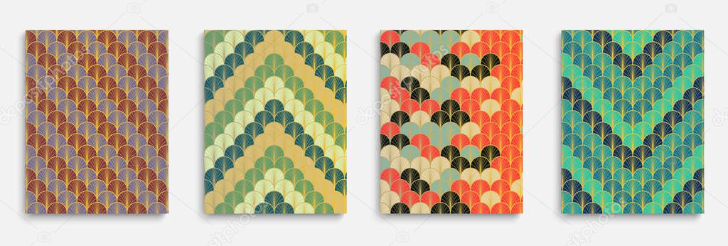 Chinese Golden Fan Minimal Cover Set. Elegant Geometric Print. Japanese Ethnic Poster Set. Trendy Dynamic Geo Fabric Backgroud. Bright Color Vintage A4 Pattern. Halftone Stripes Cover.