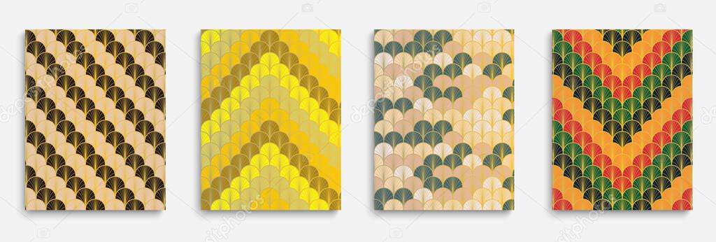 Asian Gold Fan Music Cover Set. Bright Color Retro A4 Design. Chinese Vintage Cover Set. Minimal Dynamic Geo Textile Backgroud. Geometric Stripes Layout. Luxurious Halftone Frame.