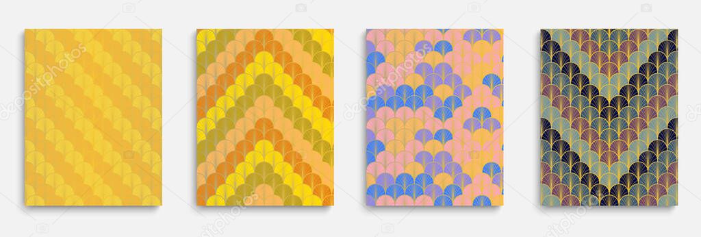 Asian Golden Fan Trendy Cover Set. Chinese Ethnic Folder Set. Premium Halftone Texture. Music Dynamic Retro Fabric Backgroud. Geometric Stripes Cover. Bright Color Retro A4 Print.