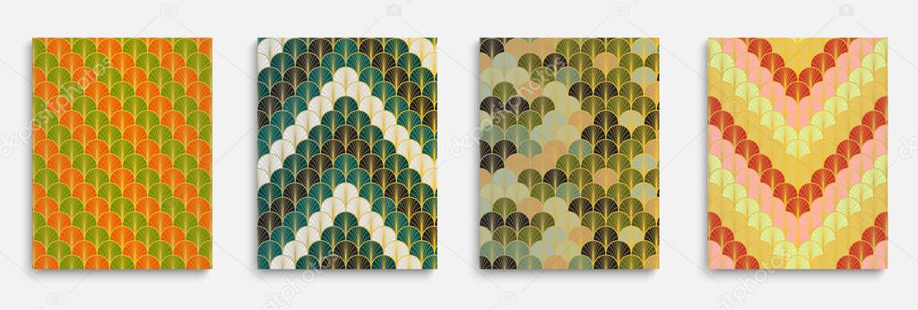 Asian Golden Fan Funky Cover Set. Bright Color Ethnic A4 Print. Chinese Retro Folder Set. Kimono Stripes Poster. Premium Geometric Frame. Trendy Dynamic Boho Textile Backgroud.