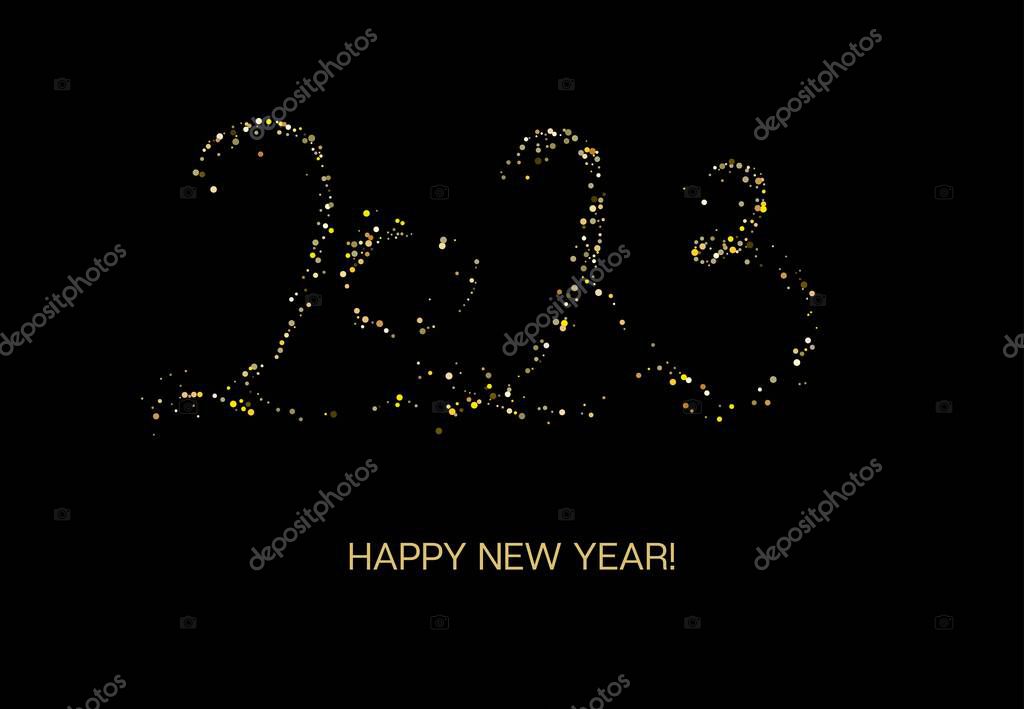 Gold Glitter 2023 Confetti Celebration Banner. VIP 2023 New Year Texture. 2023 Happy New Year Poster Design. Premium Winter Card for Congratulation.  Winter Holiday Frame. Christmas Logo Background.