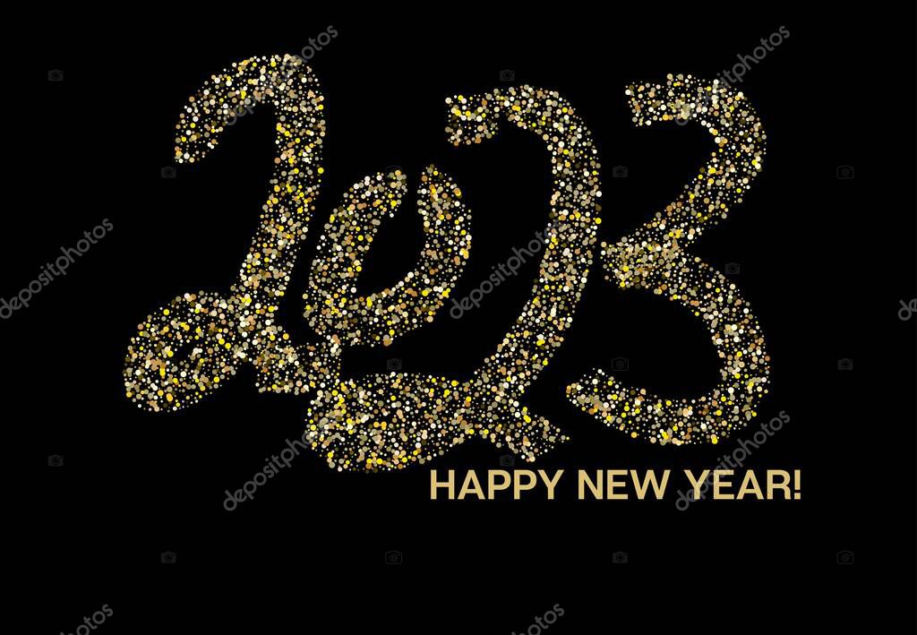 Gold Glitter 2023 Confetti Celebration Banner. VIP 2023 New Year Pattern. 2023 Happy New Year Card Design. Winter Holiday Banner. Premium Winter Card for Congratulation.  Christmas Logo Wallpaper.