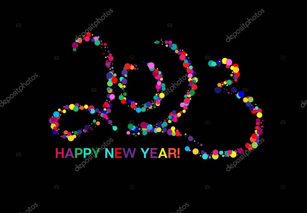 2023 Rainbow Confetti Congratulation Card. Rich 2023 New Year Texture. 2023 Happy New Year Card Design. Premium Winter Card for Congratulation.  Winter Holiday Poster. Christmas Logo Background.