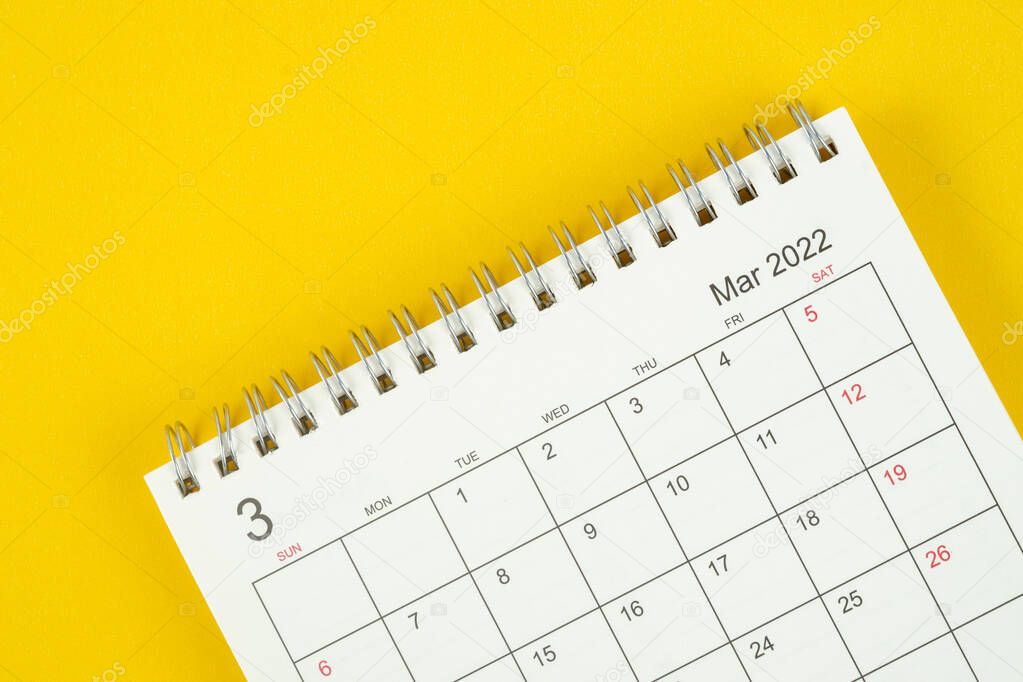 March month, Calendar desk 2022 for organizer to planning and reminder on yellow background.