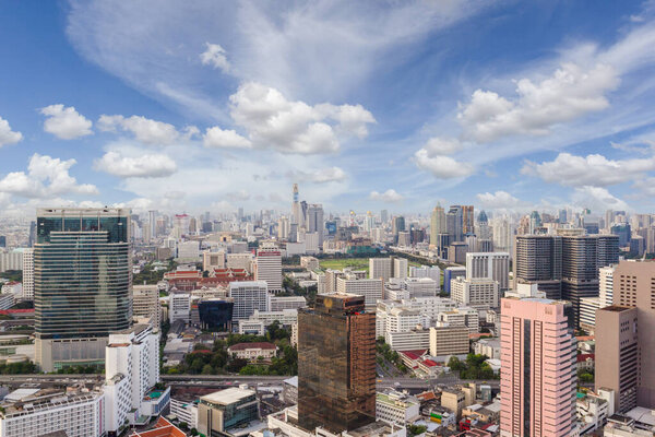 Aerial view of modern office buildings in Bangkok downtown with sunny time, Bangkok, Thailand