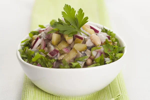 ringa balığı, kırmızı soğan, fasulye ve salatalık turşusu ile salata