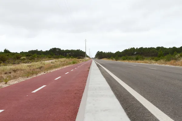 Roadside Red cycle path against forest and cloud sky — Stock Photo, Image