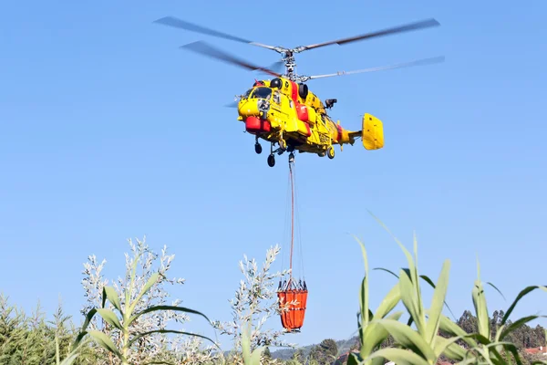 PENELA, PORTUGAL - AUGUST 28 : Fire rescue heavy helicopter, with water bucket, preparing for water scooping for combat a fire in Penela August 28, 2010 in Penela, PORTUGAL — Stock Photo, Image