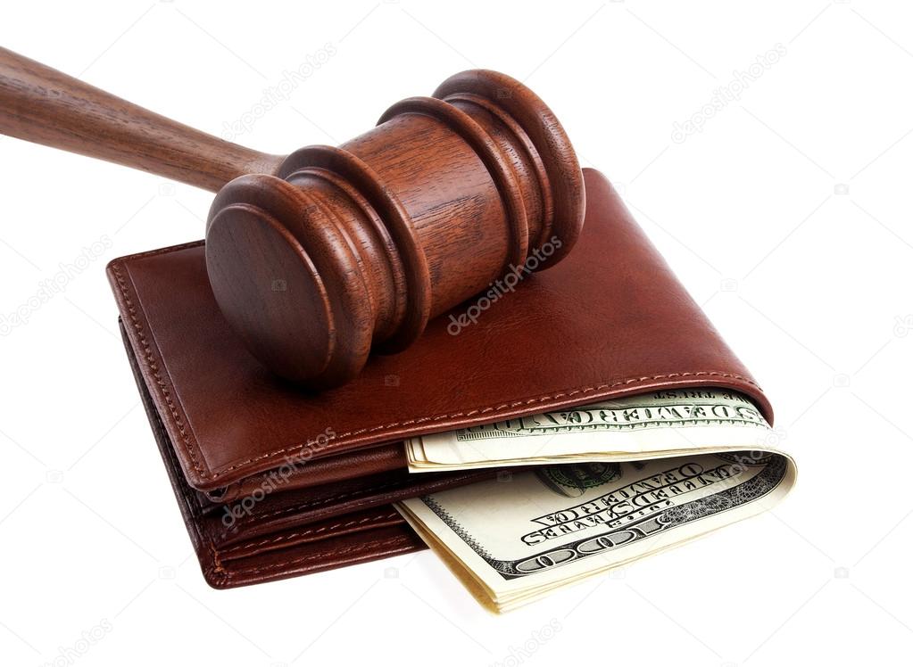 Wooden gavel and wallet with money isolated on a white backgroun