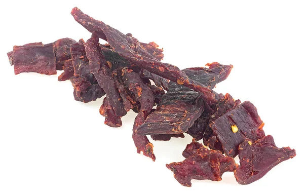 Portion Spiced Beef Jerky Isolated White White Background Dried Peppered — Stock Photo, Image