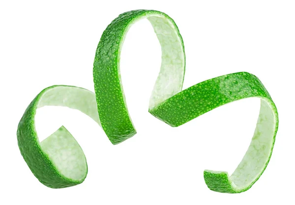 Lockigt Lime Peel Twist Isolerad Vit Bakgrund Cocktailingrediens Färskt Kalkfruktskal — Stockfoto