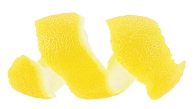 Limon kabuğu, beyaz arka planda izole edilmiş, limon meyvesi. Taze limon kabuğu sarmalı.