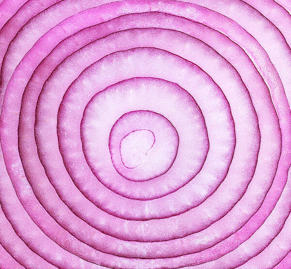 Фиолетовый лук в качестве фона, вид сверху. Нарезанные красные луковые кольца.