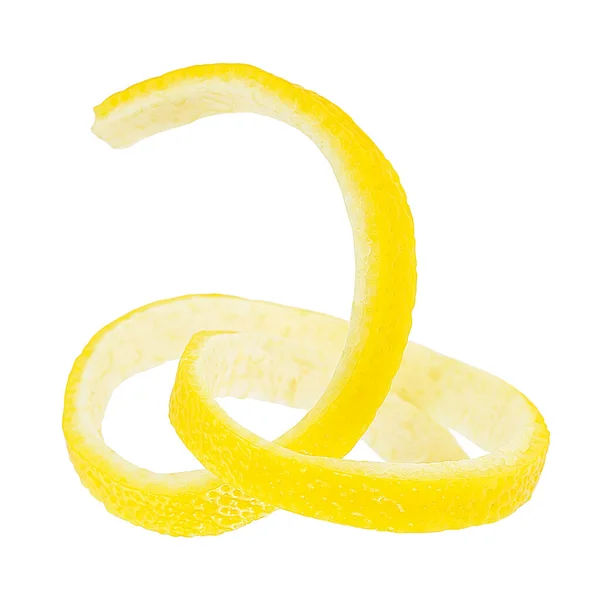 白い背景に隔離された新鮮な熟したレモンのねじれ クローズアップ レモンピール — ストック写真