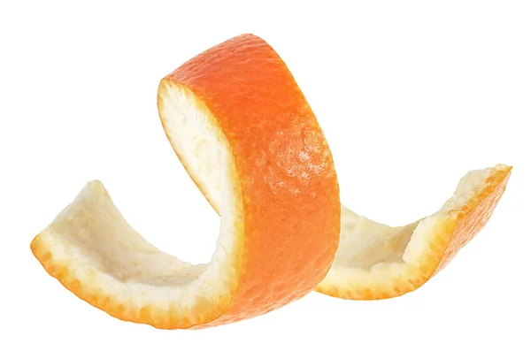 Schil Rijp Oranje Fruit Geïsoleerd Een Witte Achtergrond Sinaasappelschil Spiraalvorm — Stockfoto