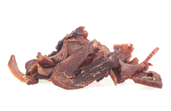 Portion Pork Jerky Isolated White Background Pieces Dry Meat — Stock fotografie