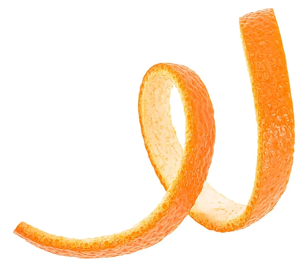 Verse Sinaasappelschil Geïsoleerd Een Witte Achtergrond Oranje Huidstreep Spiraalvorm — Stockfoto
