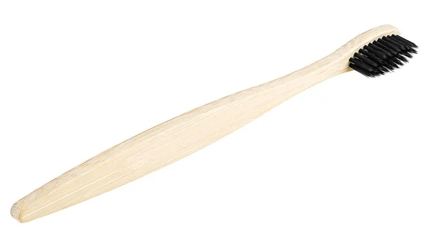 Bamboe Tandenborstel Geïsoleerd Een Witte Achtergrond Tandenborstel Met Zwarte Borstelharen — Stockfoto