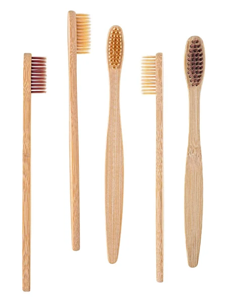 Sada Dřevěných Zubních Kartáčků Izolovaných Bílém Pozadí Horní Pohled Bambusové — Stock fotografie