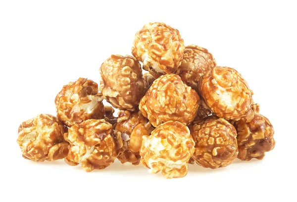 Pile of sweet caramel popcorn isolated on a white background. Appetizing popcorn with salted caramel.