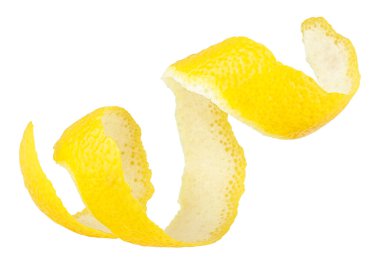 Taze limon derisi ya da beyaz arka planda izole edilmiş limon tadı. Citrus kıvrımı kabuğu.