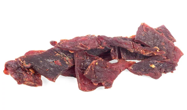 Portion Spices Beef Jerky Pieces Isolated White Background Dried Beef — стоковое фото