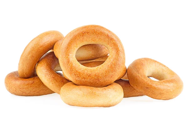 Delicious Bread Rings Isolated White Background Pile Fresh Bagels — Stockfoto