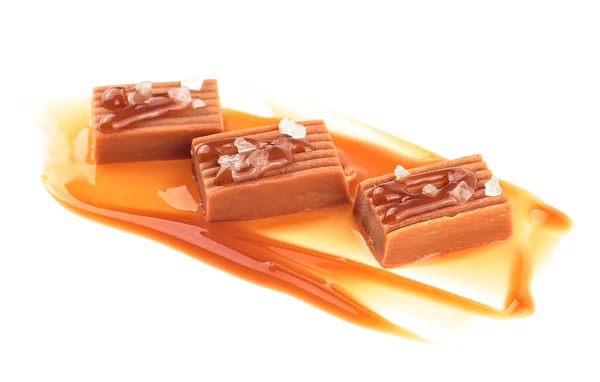 Salted Caramel Candies Caramel Sauce Isolated White Background Toffee Candies — Photo