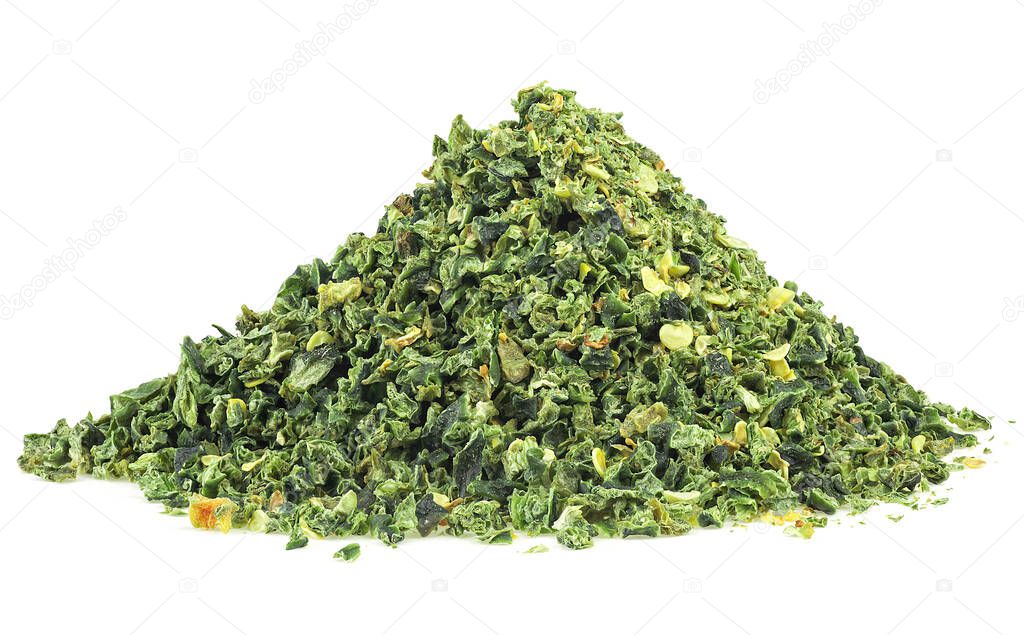 Pile of hot green dry jalapeno pepper isolated on a white background. Chopped jalapeno.