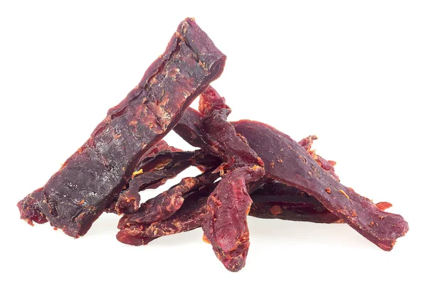 Portion Spiced Beef Jerky Isolated White Background Dried Peppered Beef — Stock Photo, Image