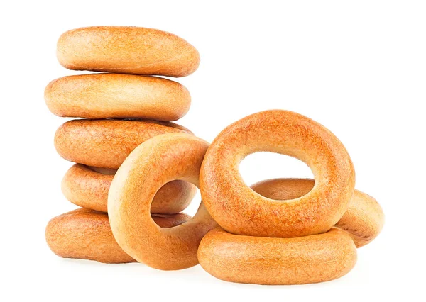 Deliziosi Anelli Pane Isolati Uno Sfondo Bianco Mucchio Bagel Freschi — Foto Stock