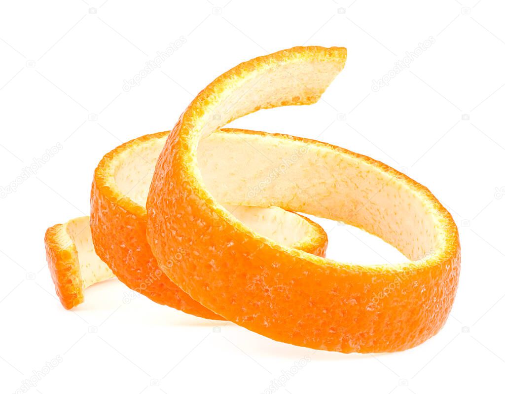 Fresh orange zest isolated on a white background. Orange peel.