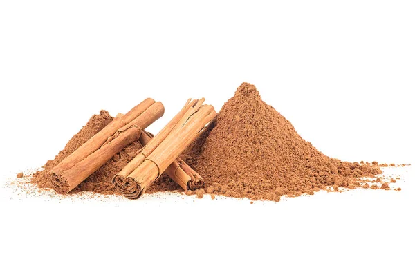 Ceylon Cinnamon Sticks Pile Ground Cinnamon Isolated White Background — Stock fotografie
